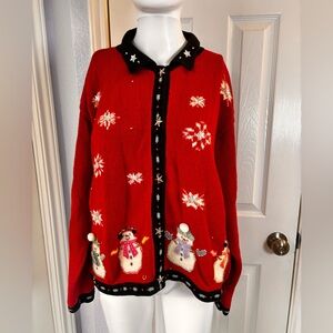 Vintage Karen Scott Red Holiday Cardigan Sweater Snowman Embroidered Beaded